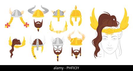 Vector cartoon style set of viking face element or carnival mask. Decoration item for your selfie photo and video chat filter. Viking horned helmets a Stock Vector
