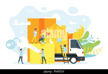 Vector flat style concept for moving home and relocation. People silhouettes in different poses around  paper boxes. Minimalism design with exaggerate Stock Vector