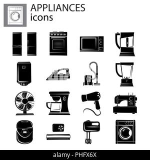 Household appliances set black on white background Stock Vector