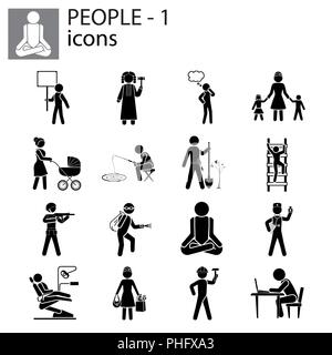 People icons set (professions, actions, gestures) black on white background Stock Vector