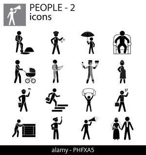 People icons set (professions, actions, gestures) black on white background Stock Vector