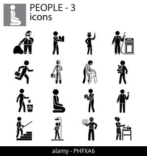 People icons set (professions, actions, gestures) black on white background Stock Vector