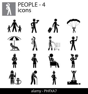 People icons set (professions, actions, gestures) black on white background Stock Vector