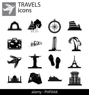 Travel Set vector black on white background Stock Vector