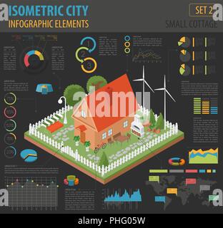 Flat 3d isometric house and city map constructor elements such as building, bbq, garden, nature isolated on white. Build your own infographics collect Stock Vector