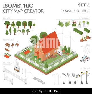 Flat 3d isometric house and city map constructor elements such as building, bbq, garden, nature isolated on white. Build your own infographics collect Stock Vector