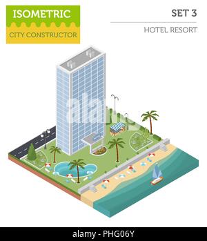Flat 3d isometric resort hotel  and city map constructor elements such as building, beach, swimming pool, garden, bar, nature isolated on white. Build Stock Vector