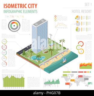 Flat 3d isometric resort hotel  and city map constructor elements such as building, beach, swimming pool, garden, bar, nature isolated on white. Build Stock Vector