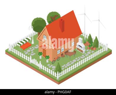 Flat 3d isometric house and city map elements such as building, bbq, garden, nature isolated on white. Build your own infographics collection. Vector  Stock Vector