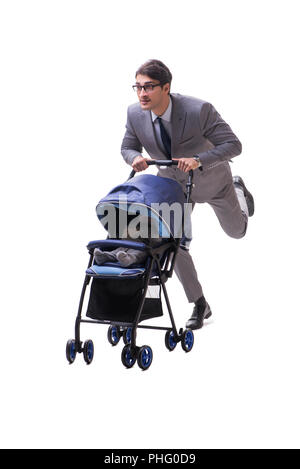 Young businessman nursing child in pram isolated on white Stock Photo