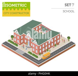 Flat 3d isometric school and city map constructor elements such as building, schoolcild, bus isolated on white. Build your own infographic collection. Stock Vector