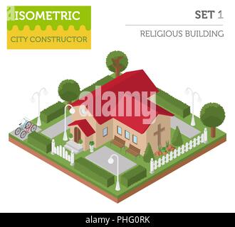 Religious architecture. Flat 3d isometric church and city map creator elements such as building, park, transport, nature isolated on white. Build your Stock Vector