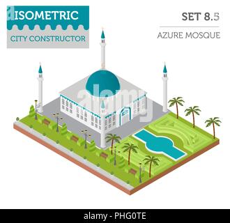 Flat 3d isometric islamic  mosque and city map constructor elements such as building, minaret, garden isolated on white. Build your own infographic co Stock Vector