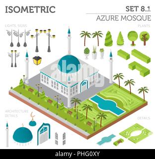 Flat 3d isometric islamic  mosque and city map constructor elements such as building, minaret, garden isolated on white. Build your own infographic co Stock Vector
