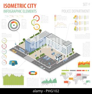 Flat 3d isometric Police Department and city map constructor elements such as building, police officer, car, parking isolated on white. Build your own Stock Vector