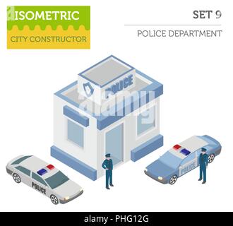 Flat 3d isometric Police Department and city map constructor elements such as building, police officer, car, parking isolated on white. Build your own Stock Vector