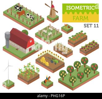 Flat 3d isometric farm land and city map constructor elements isolated on white. Build your own infographic collection. Vector illustration Stock Vector