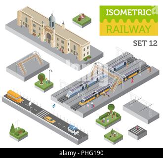 3d isometric Train station and city map constructor elements isolated on white. Build your own railway infographic collection. Vector illustration Stock Vector