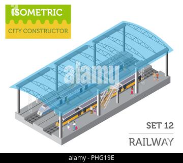 3d isometric Train station and city map constructor elements isolated on white. Build your own railway infographic collection. Vector illustration Stock Vector