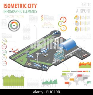3d isometric airport and city map constructor elements isolated on white. Build your own infographic collection. Vector illustration Stock Vector