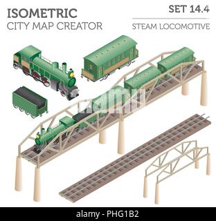 3d isometric retro railway with steam locomotive and carriages. City map constructor elements. Build your own infographic collection. Vector illustrat Stock Vector