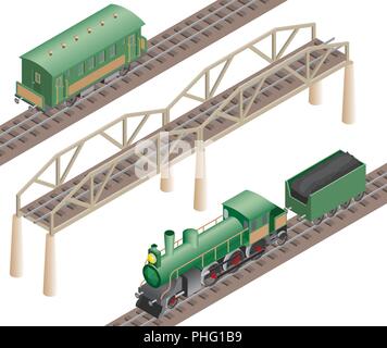 3d isometric retro railway with steam locomotive and carriages. City map constructor elements. Build your own infographic collection. Vector illustrat Stock Vector