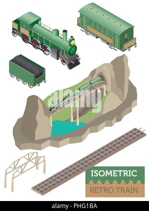 3d isometric retro railway with steam locomotive and carriages. City map constructor elements. Build your own infographic collection. Vector illustrat Stock Vector