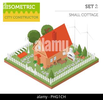 Flat 3d isometric house and city map constructor elements such as building, bbq, garden, nature isolated on white. Build your own infographics collect Stock Vector