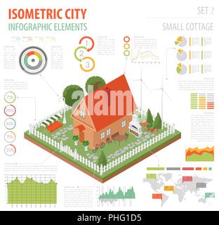 Flat 3d isometric house and city map constructor elements such as building, bbq, garden, nature isolated on white. Build your own infographics collect Stock Vector
