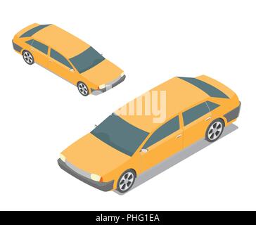 Flat 3d isometric yellow passenger car isolated on white. Build your own infographic collection. Vector illustration Stock Vector