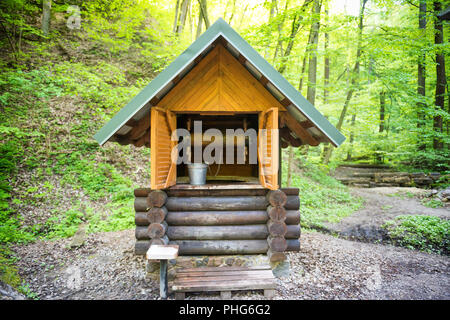 Old wooden well in green forest Stock Photo