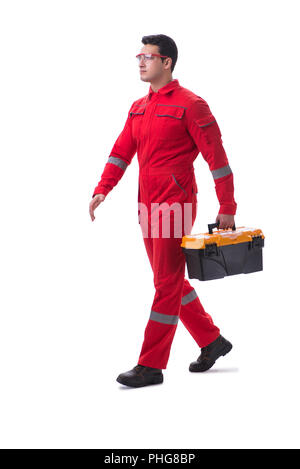Contractor worker in red coveralls with toolbox isolated on whit Stock Photo