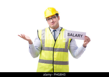 Construction supervisor asking for higher salary isolated on whi Stock Photo