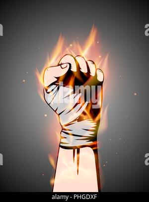 MMA or boxing burning bandage fist uplifted hand. Mixed martial arts fighting flame emblem or logo idea. Vector athletic symbol with fire. Stock Vector