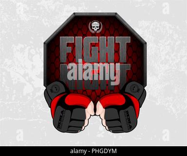MMA gloves hands octagon stage cage poster. Mixed martial arts fight night banner. Fighting emblem logo element. Boxing decoration illustration Stock Vector