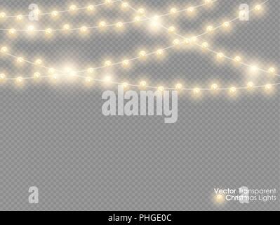 Vector christmas lights isolated on transparent background. Xmas glowing garland. Golden semitransparent new year lights decoration Stock Vector