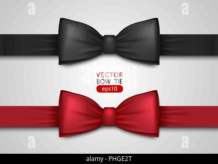 Black and red bow tie, realistic vector illustration, isolated on white background. Elegant silk neck bow. Vip event accessory. Stock Vector
