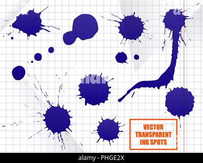 Blue ink spot set, paint blot. Semitransparent vector shapes isolated on school notebook sheet background. Stock Vector