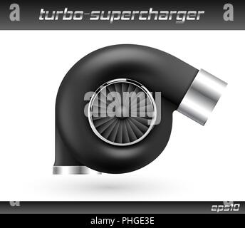 Vector car turbocharger isolated on white background. Realistic black turbine icon. Tuning turbo superchardger Stock Vector