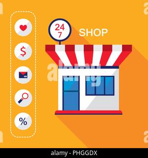 24 7 Shop Front. Modern flat design facade of convenience store building and shopping icons. Vector illustration Stock Vector