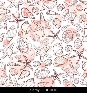 Marine seamless pattern from hand drawn sea shells and stars. Nautical illustration of shellfish with watercolor spots on white background. Stock Vector