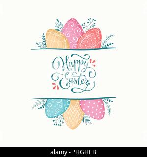 Happy Easter greeting card isolated on white background. Easter eggs composition hand drawn black on white. Decorative vertical frame from eggs with l Stock Vector