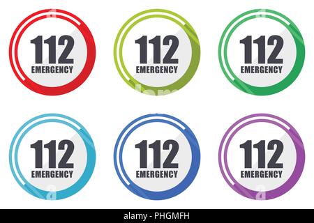 Number emergency 112 flat vector web icon set, colorful round internet buttons in eps 10 isolated on white background Stock Vector