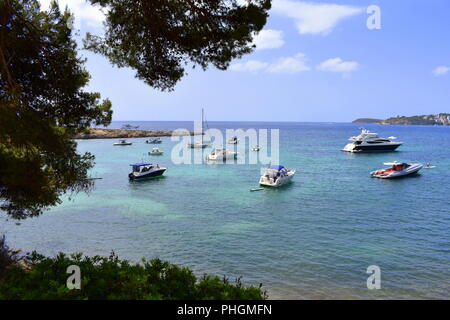 Boats anchored off Punta Negra near Palma Nova, Mallorca, Spain Stock Photo