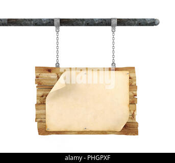 Old blank vintage paper on hanging wooden sign Stock Photo
