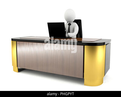 3D man working with laptop on large working desk Stock Photo