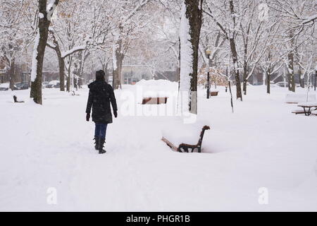 Montreal, Quebec / Canada -  April 1st, 2018 : In the city, a woman is walking in a park during a blizzard. Stock Photo
