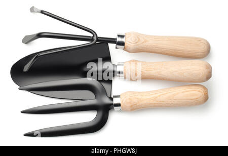 Garden Shovel, Rake and Fork Isolated on White Background Stock Photo