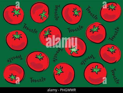 Vector illustration of tomatoes on a green background and calligraphic inscription "Tomato" Stock Vector