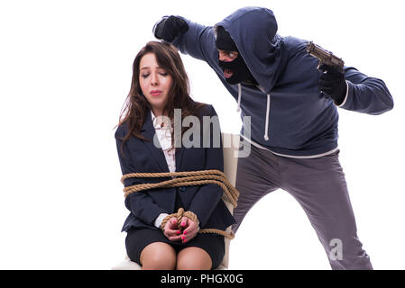 Kidnapper with tied woman isolated on white Stock Photo